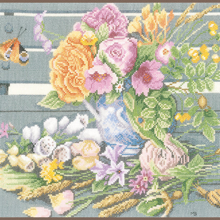 DIY Counted cross stitch kit Flowers on bench