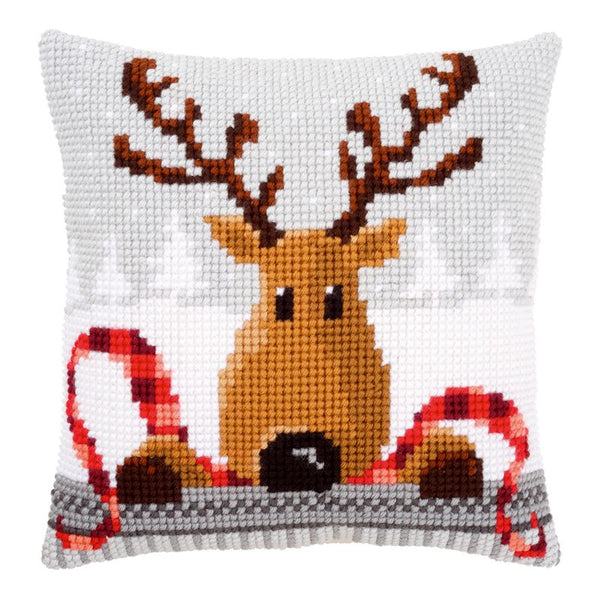 DIY Cross stitch cushion kit Reindeer with a red scarf