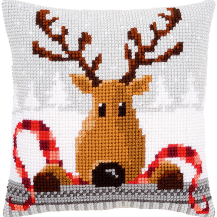 DIY Cross stitch cushion kit Reindeer with a red scarf