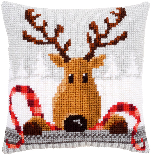 DIY Cross stitch cushion kit Reindeer with a red scarf