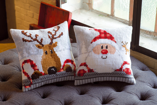 DIY Cross stitch cushion kit Reindeer with a red scarf