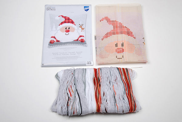 DIY Cross stitch cushion kit Santa in a plaid hat