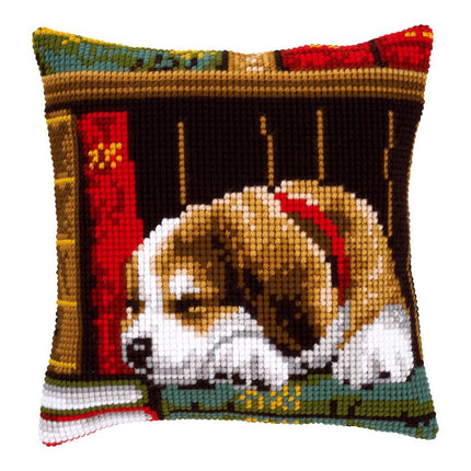 DIY Cross stitch cushion kit Dog sleeping on bookshelf