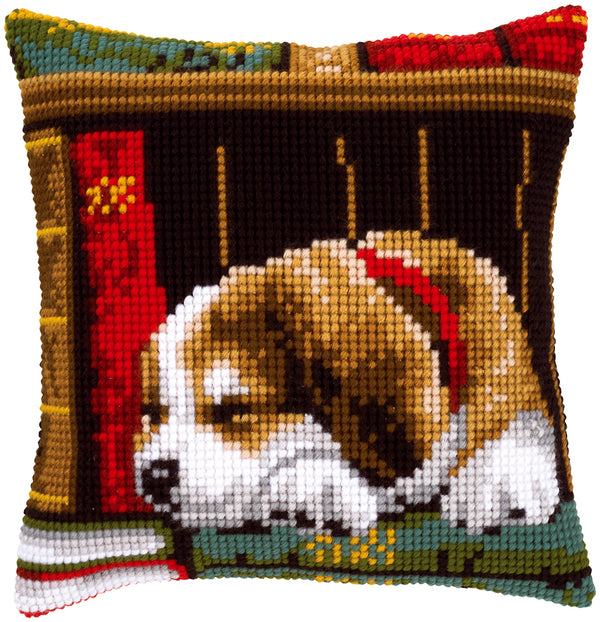 DIY Cross stitch cushion kit Dog sleeping on bookshelf