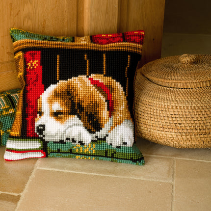 DIY Cross stitch cushion kit Dog sleeping on bookshelf