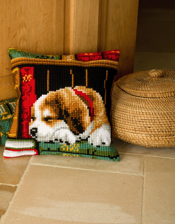 DIY Cross stitch cushion kit Dog sleeping on bookshelf