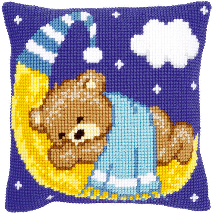 DIY Cross stitch cushion kit Bear on the moon blue