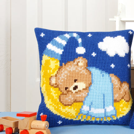 DIY Cross stitch cushion kit Bear on the moon blue