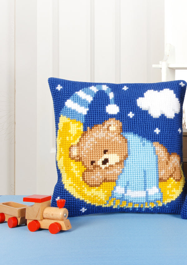 DIY Cross stitch cushion kit Bear on the moon blue