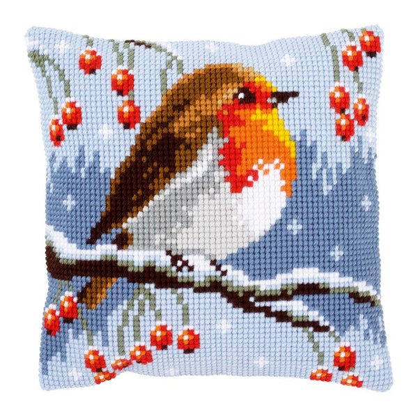 DIY Cross stitch cushion kit Red robin in the winter