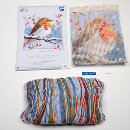 DIY Cross stitch cushion kit Red robin in the winter