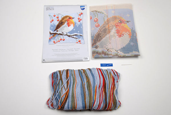 DIY Cross stitch cushion kit Red robin in the winter