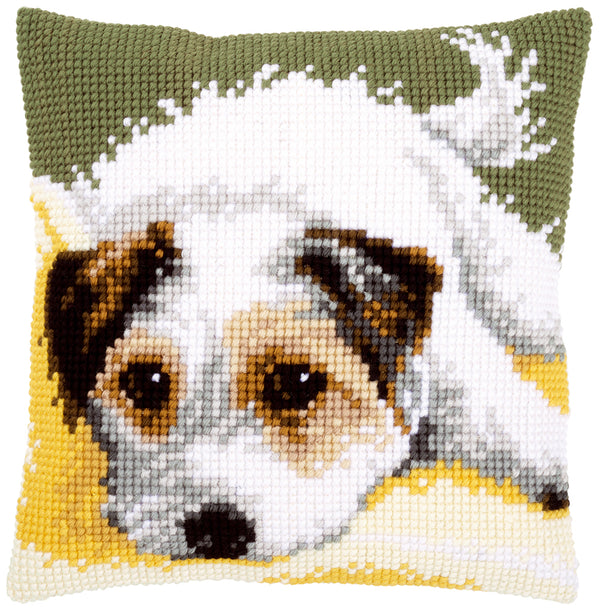 DIY Cross stitch cushion kit Dog wagging its tail