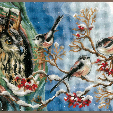 DIY Counted cross stitch kit Owl & long-tailed tits 33 x 22 cm / 13.2" x 8.8"