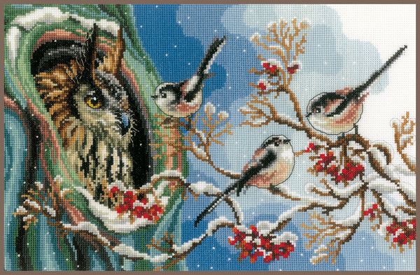 DIY Counted cross stitch kit Owl & long-tailed tits 33 x 22 cm / 13.2