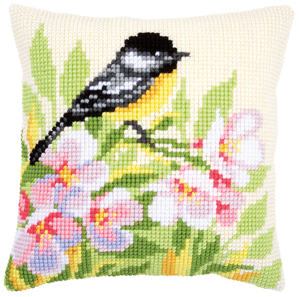 DIY Cross stitch cushion kit Tit & blossoms