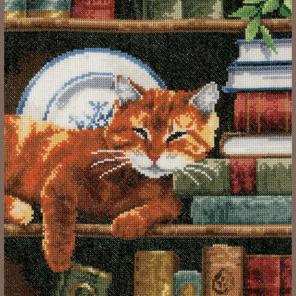 DIY Counted cross stitch kit Cat on Bookshelf 25 x 35 cm / 10" x 14"