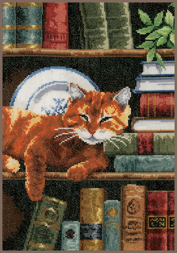 DIY Counted cross stitch kit Cat on Bookshelf 25 x 35 cm / 10