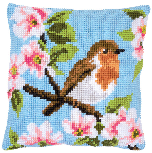 DIY Cross stitch cushion kit Robin & blossoms