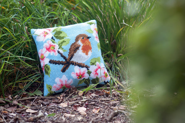 DIY Cross stitch cushion kit Robin & blossoms