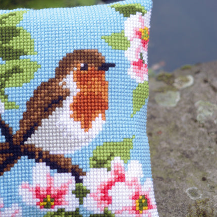 DIY Cross stitch cushion kit Robin & blossoms