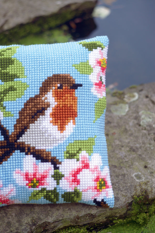 DIY Cross stitch cushion kit Robin & blossoms