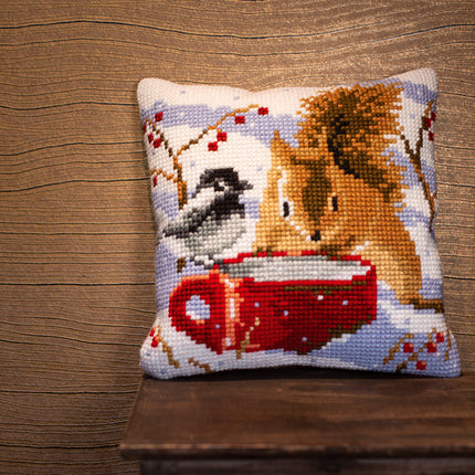 DIY Cross stitch cushion kit Squirrel and tit