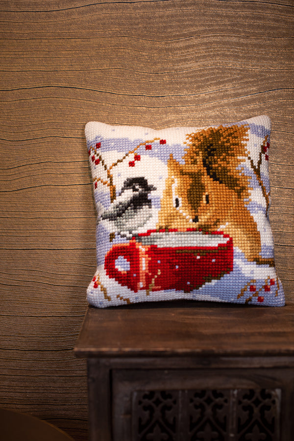 DIY Cross stitch cushion kit Squirrel and tit