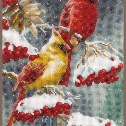 DIY Counted cross stitch kit Scarlet & snow-cardinals 19 x 38 cm / 7.6" x 15.2"