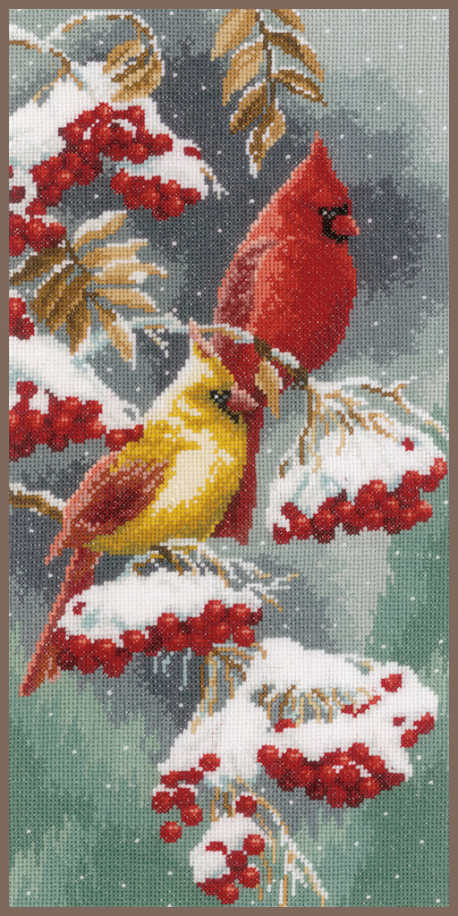 DIY Counted cross stitch kit Scarlet & snow-cardinals 19 x 38 cm / 7.6