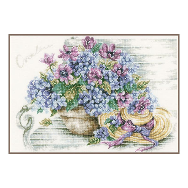 DIY Counted cross stitch kit Hydrangea on a bench