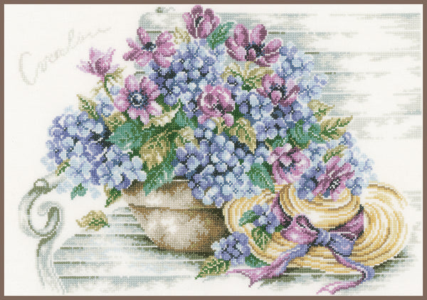 DIY Counted cross stitch kit Hydrangea on a bench