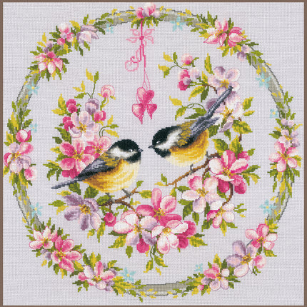 DIY Counted cross stitch kit Tits in flower wreath 41 x 41 cm / 16.4" x 16.4"