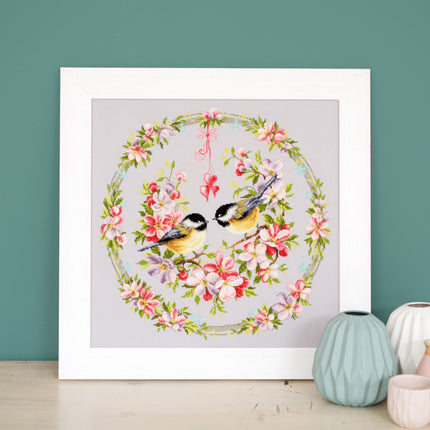 DIY Counted cross stitch kit Tits in flower wreath 41 x 41 cm / 16.4" x 16.4"