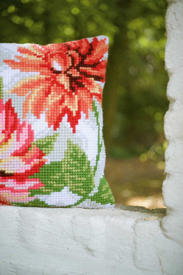 DIY Cross stitch cushion kit Pink flowers