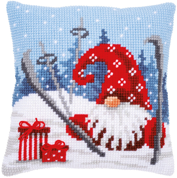 DIY Cross stitch cushion kit Christmas gnome skiing