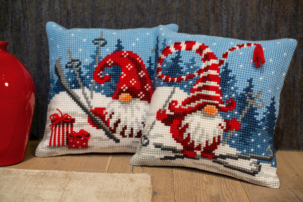 DIY Cross stitch cushion kit Christmas gnome skiing