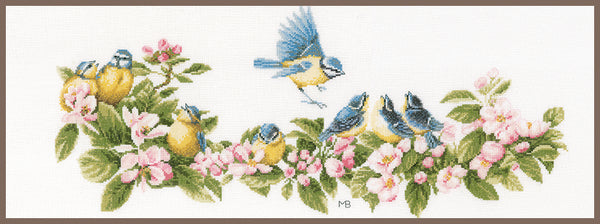 DIY Counted cross stitch kit Blue tits & blossoms 61 x 26 cm / 24.4