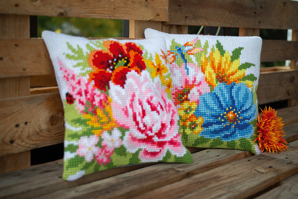 DIY Cross stitch cushion kit Colourful spring flowers