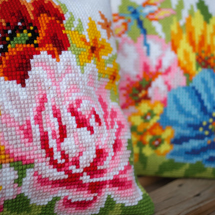 DIY Cross stitch cushion kit Colourful flowers
