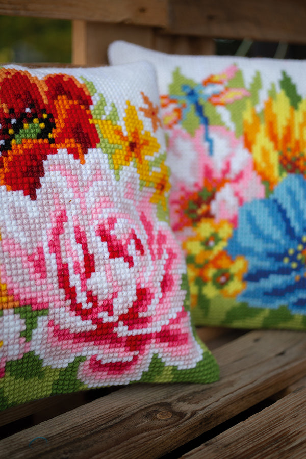 DIY Cross stitch cushion kit Colourful flowers