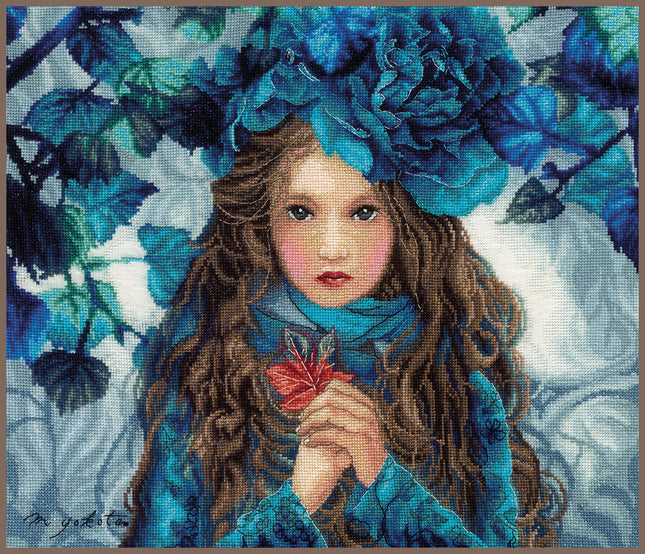DIY Counted cross stitch kit Blue Flowers Girl 38 x 32 cm / 15.2" x 12.8"