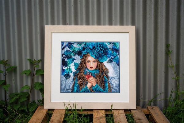 DIY Counted cross stitch kit Blue Flowers Girl 38 x 32 cm / 15.2