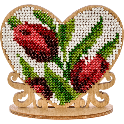 DIY Beaded embroidery on wood kit "Heart with flowers"