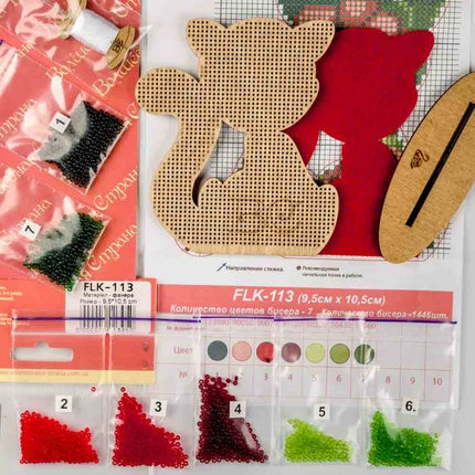 DIY Beaded embroidery on wood kit "Cat ornament Poppies"